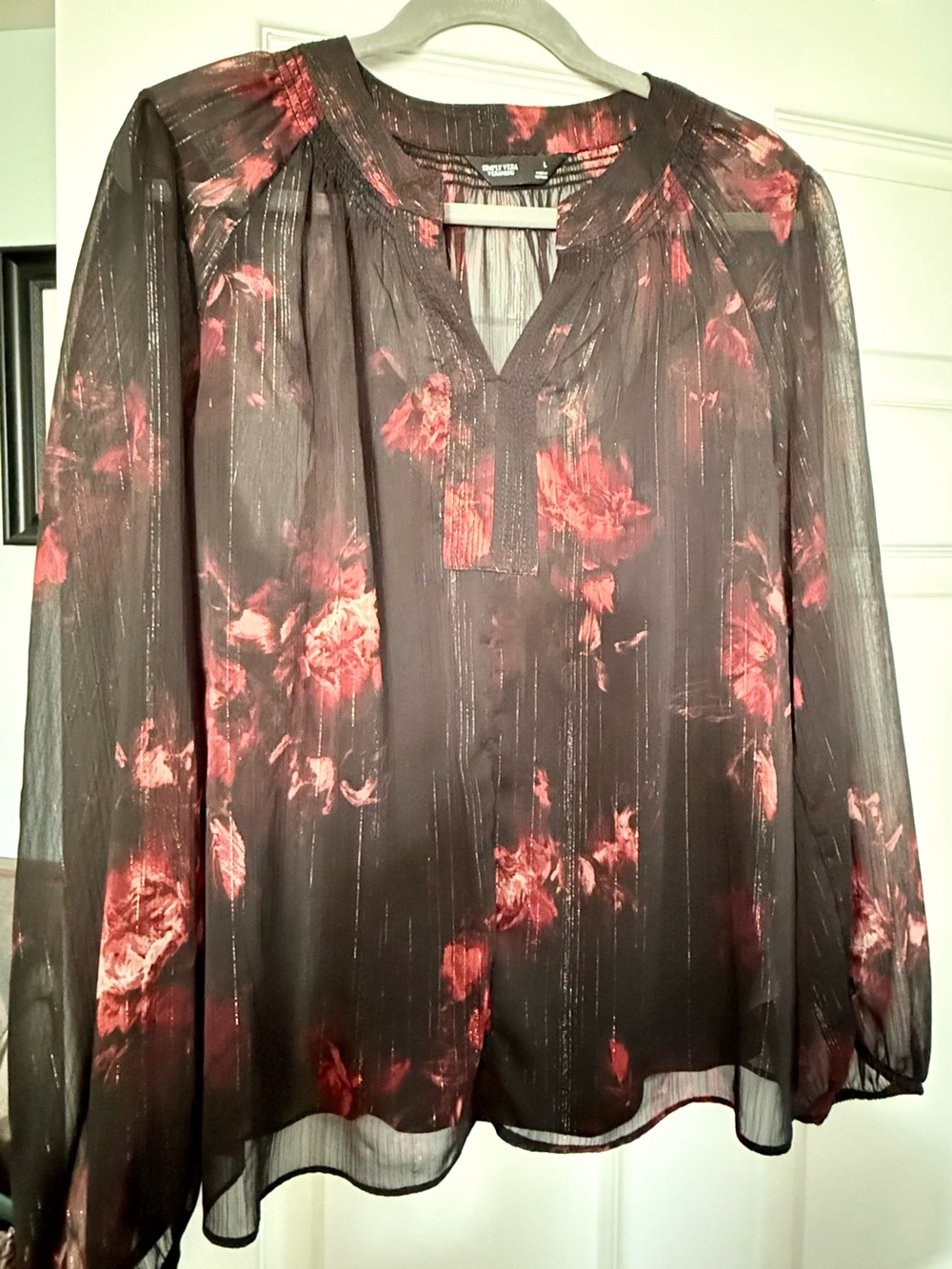 Simply Vera Vera Wang Black Sheer Blouse with Red Floral